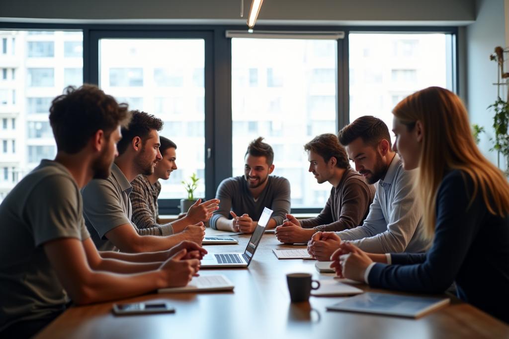 Photo d'une équipe diversifiée collaborant dans un environnement de bureau moderne, symbolisant l'humanisation de la performance d'entreprise